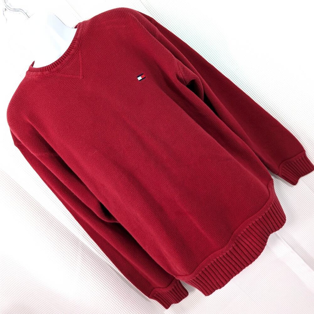 TOMMY HILFIGER! 100% COTTON RICH RED DENSE KNIT, HEAVY CREW NECK SWEATER! SZ XL